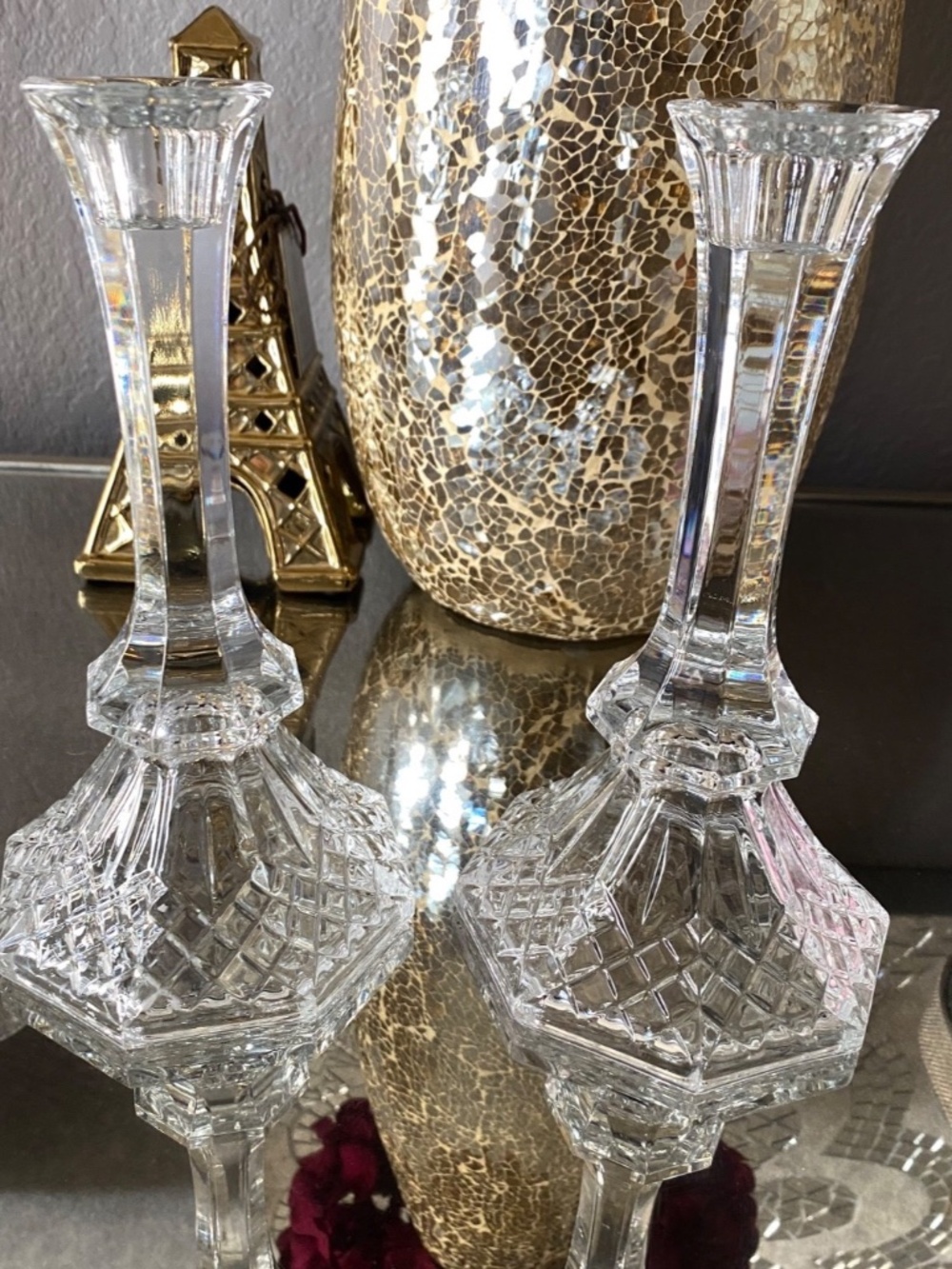 Vintage Crystal Led Cut Glass Candle Holders Set